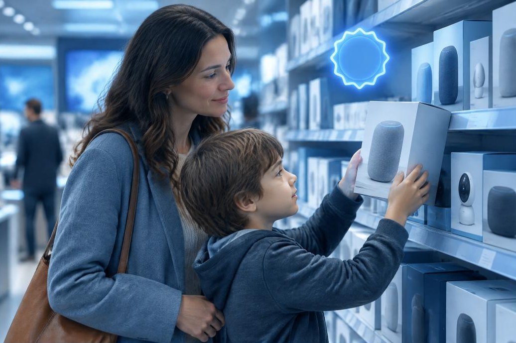 Mother and son choosing a smart speaker in a store