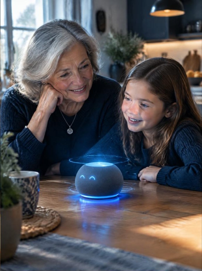 Großmutter und Kind sprechen mit einem Heim-KI-Assistenten