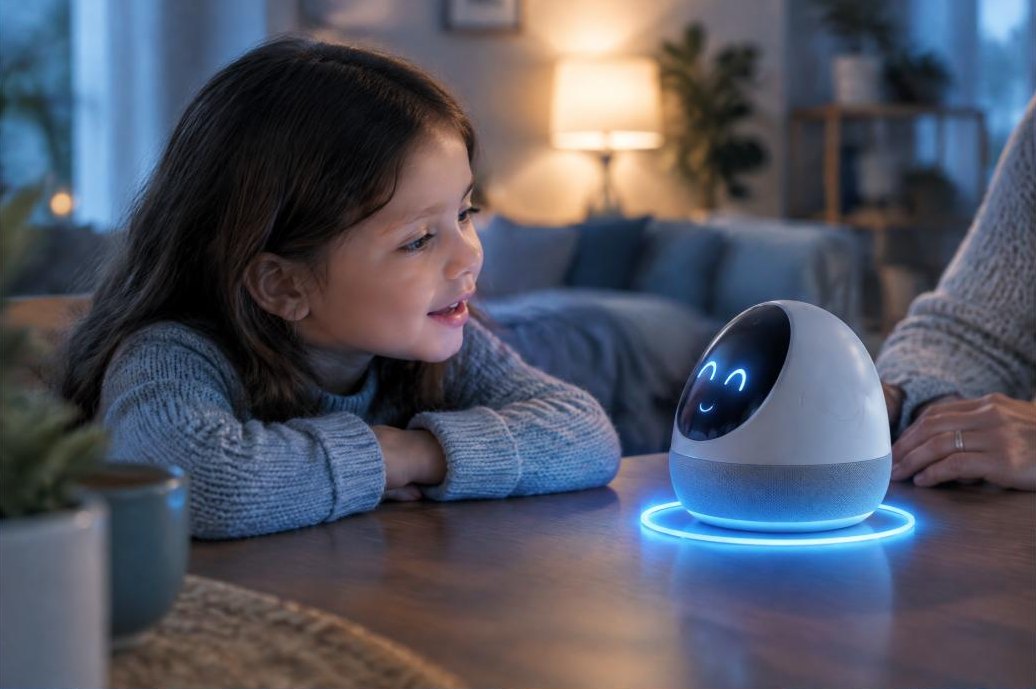 Kind spricht mit einem intelligenten KI-Begleiter zu Hause