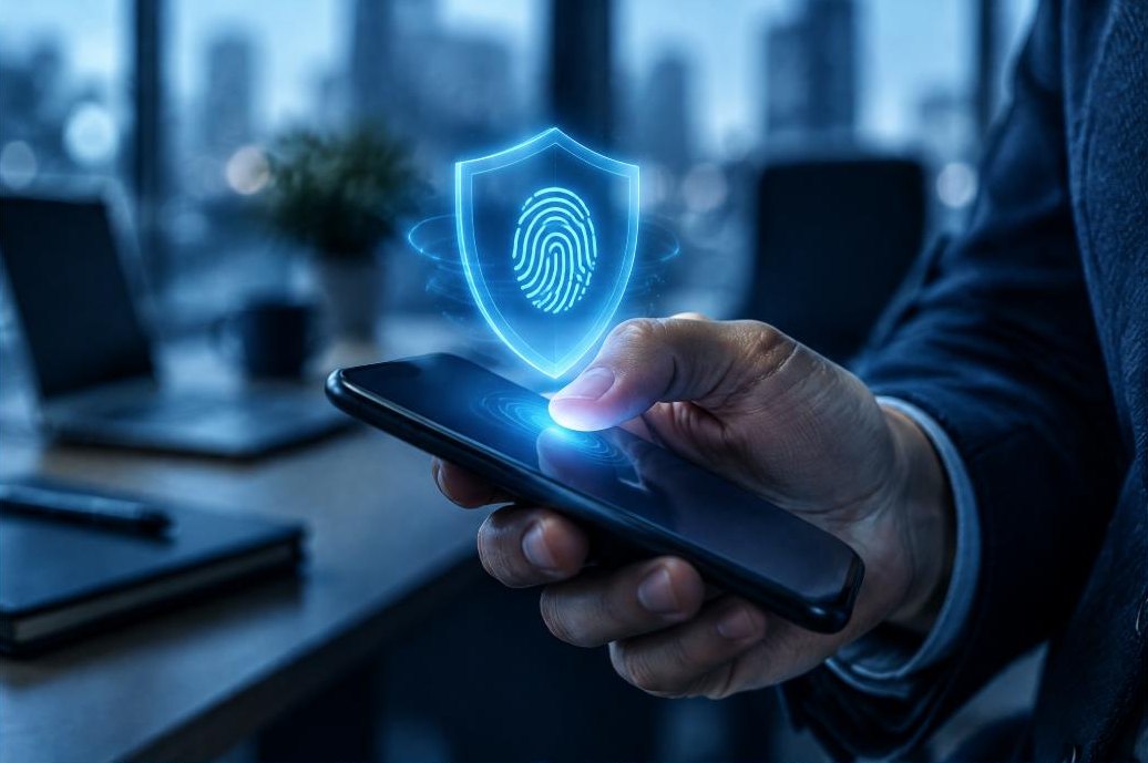 Empreinte digitale et bouclier sur un téléphone pour une connexion sécurisée