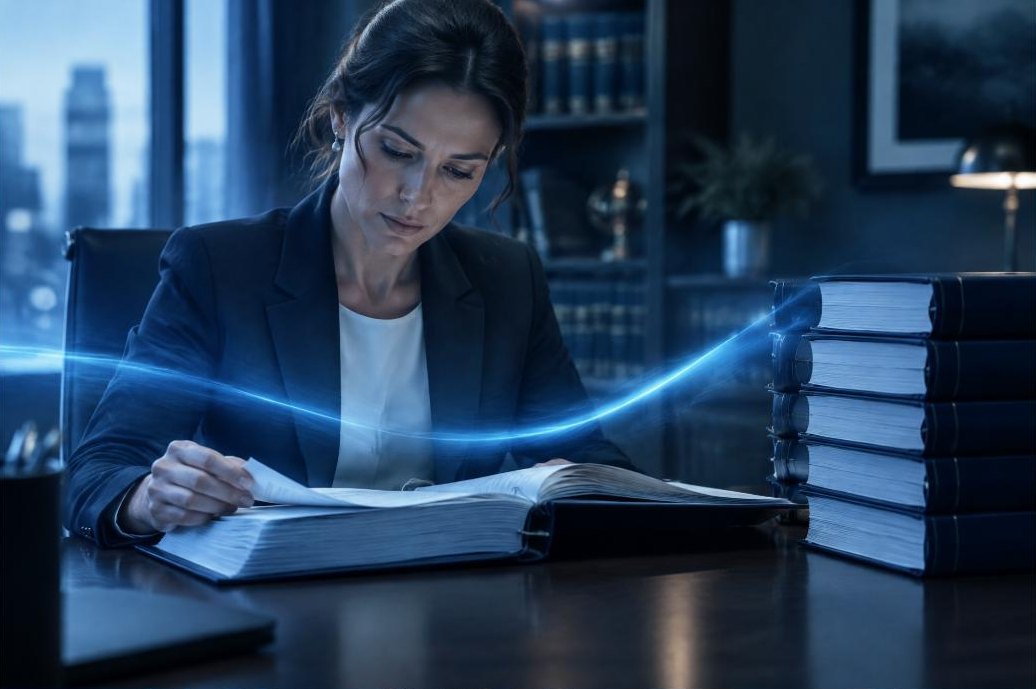Avvocato specializzato in compliance che esamina una pila di normative