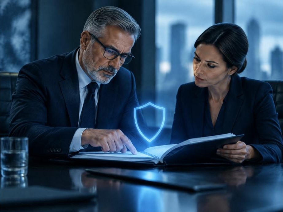 Attorney and underwriter reviewing an evaluation report