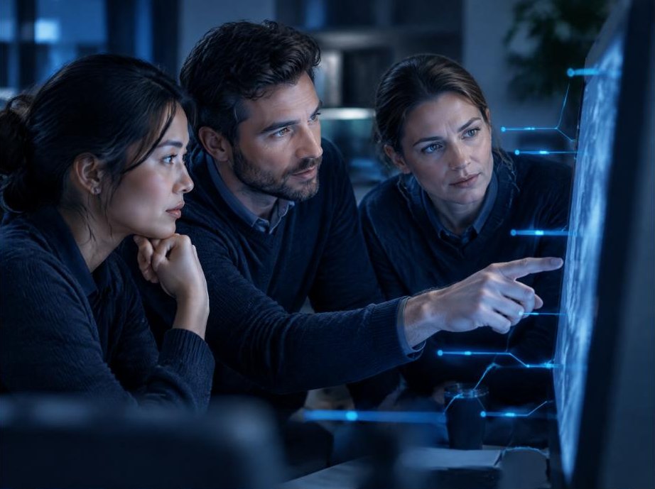 Expertteam bestudeert resultaten op een scherm