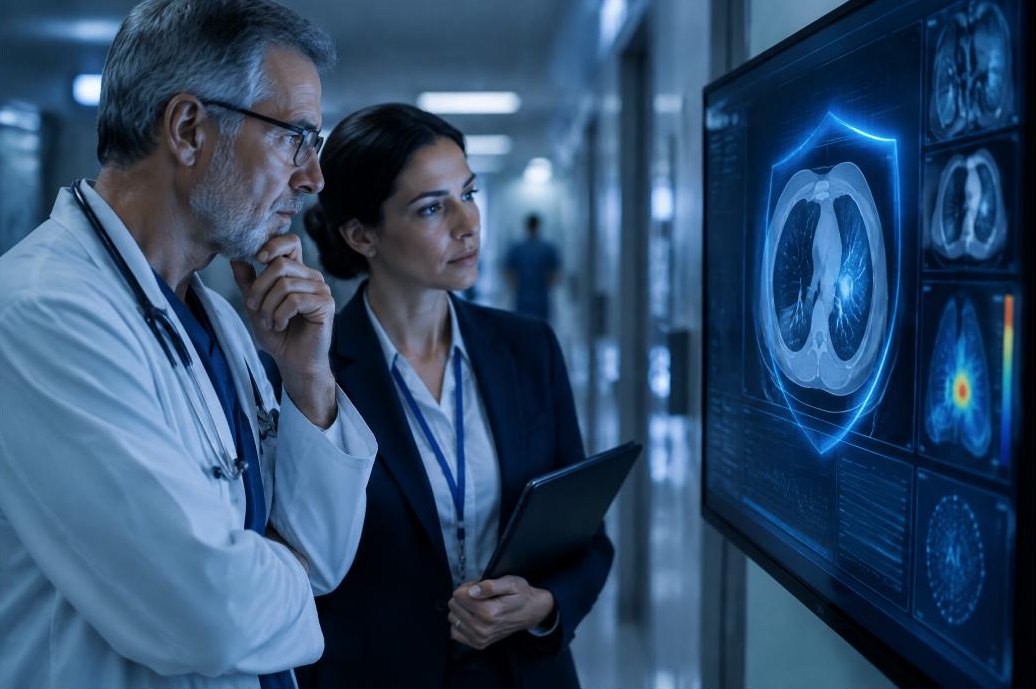 Lekarz i administrator przeglądający wynik diagnostyczny AI